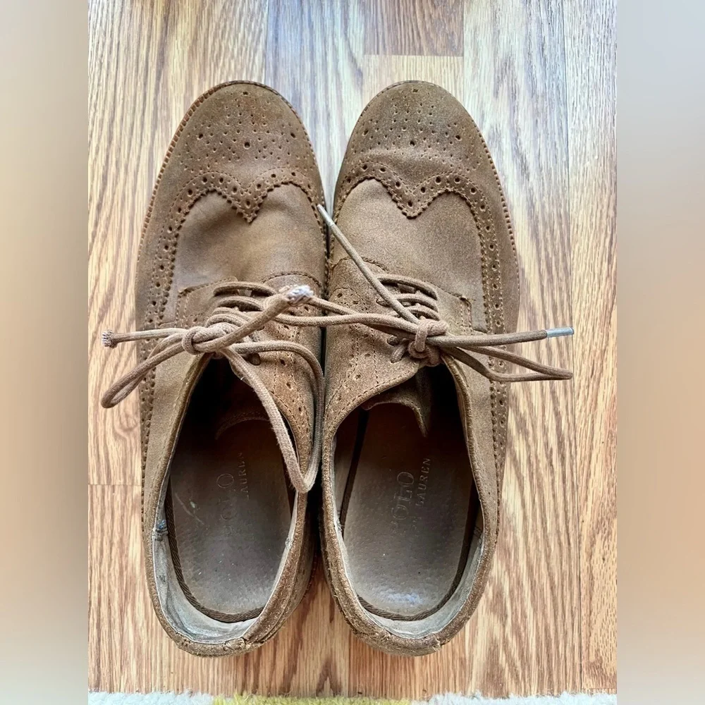 Polo Ralph Lauren Suede Oxford Wingtips Men Tan 10D Preppy Brogue